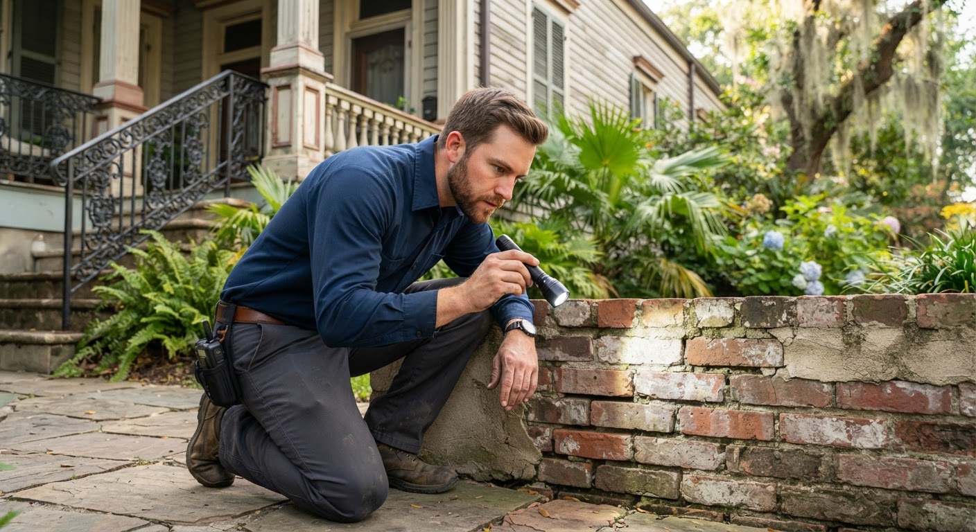 Pest control technician inspecting a New Orleans home foundation exterior