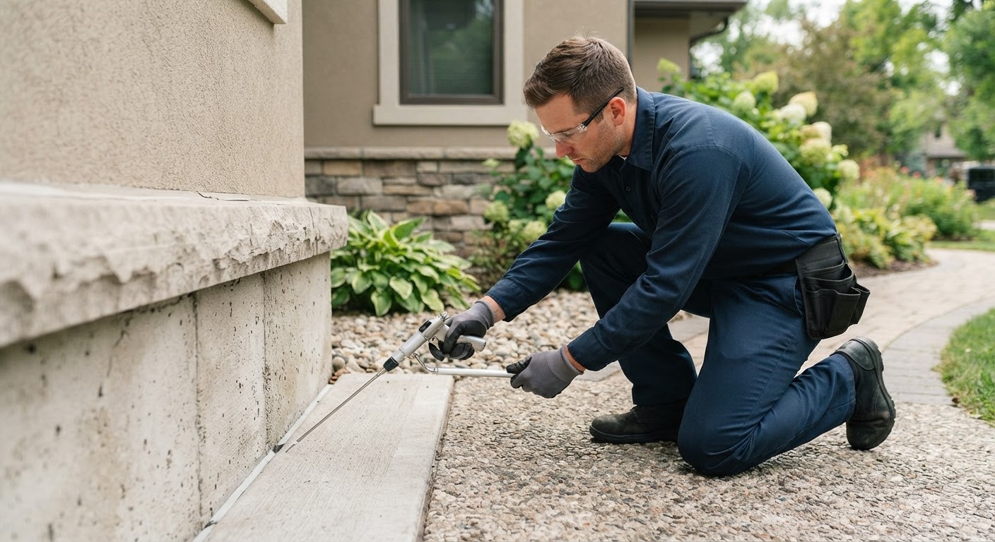 Pest control specialist applying perimeter defense around exterior masonry