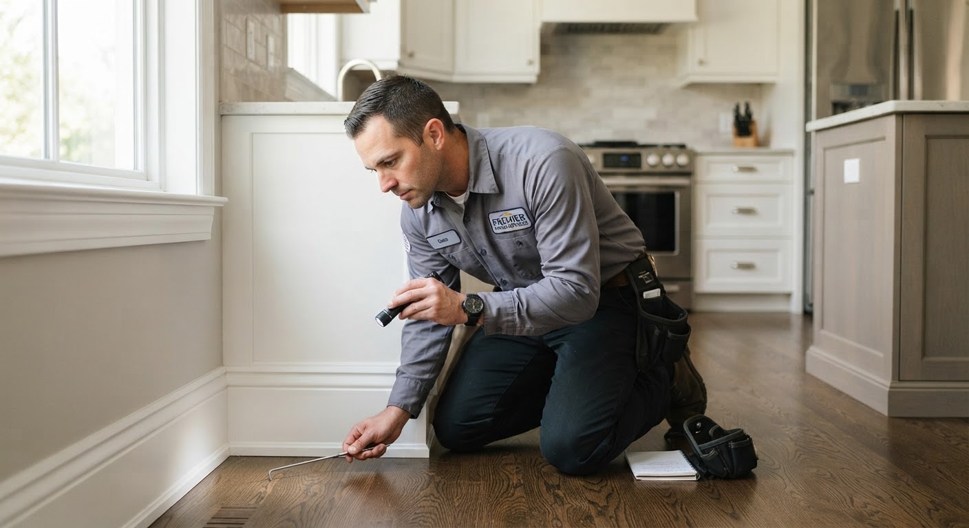 Technician inspecting interior baseboards in a modern home