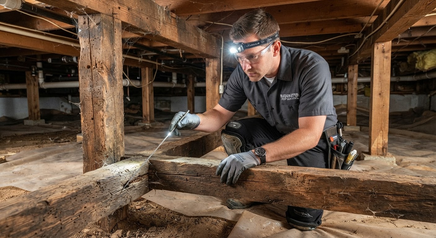 Inspector checking crawl space wood timbers for termite damage