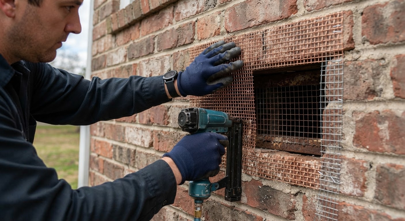 Technician installing rodent exclusion mesh over exterior crawlspace vent