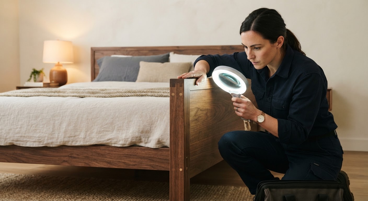 Close inspection of bed frame joint during bed bug service