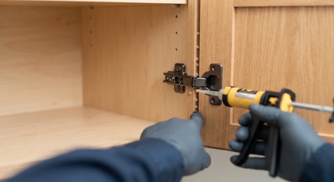 Application of precision bait gel in interior kitchen cabinet corner