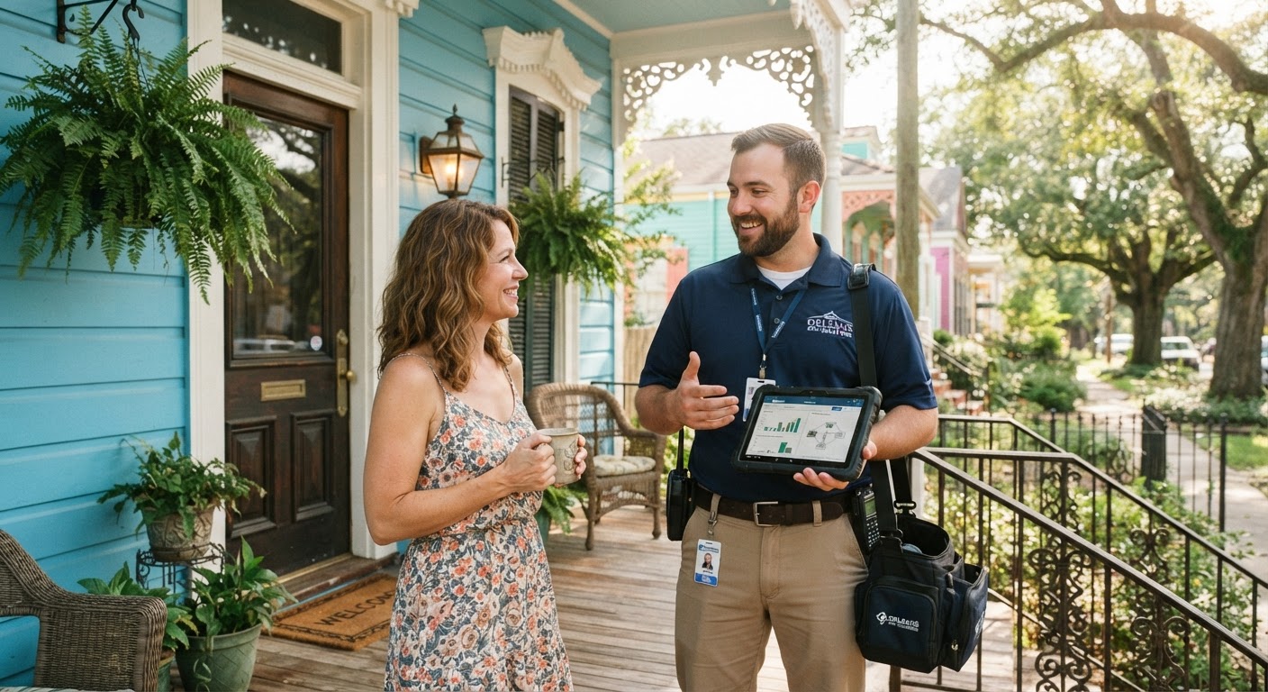 Homeowner discussing service details with a technician at the front door