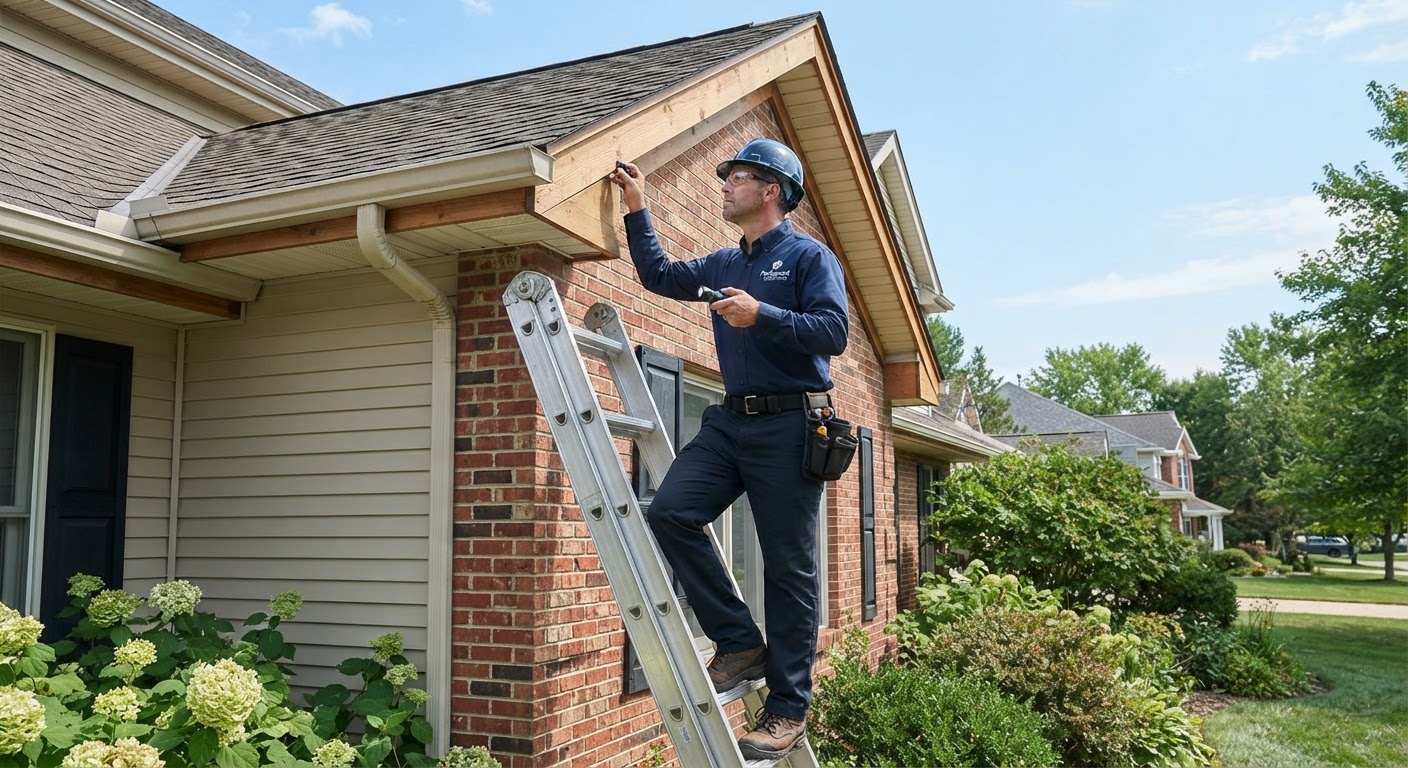 Technician inspecting roofline eaves for wildlife and rodent access